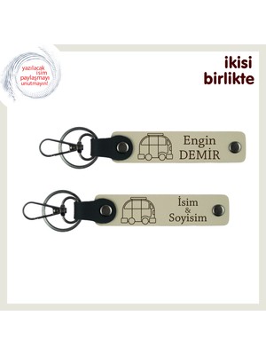 Miaju Yolda Tanışılan Gönüllere, Karavan Figürlü Kişisel Isimli Deri Anahtarlık Seti, Sütlü Kahve-S Kahve