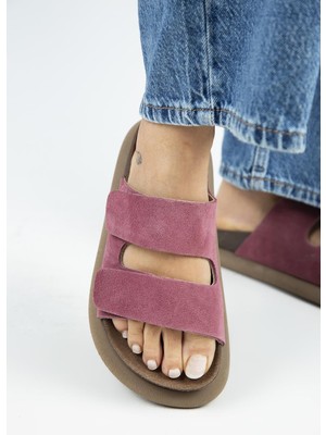 Manijero Lillo Kadın Hakiki Deri Çift Cırtlı Vişne Terlik