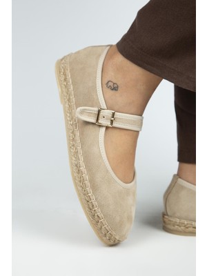Manijero Lipa Kadın Hakiki Deri Tek Bantlı Espadril Babet Bej Ayakkabı