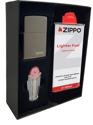 Zippo Parlak Siyah Çakmak ve 6'lı Taş Seti Benzinli Yakıt ile Hediye Seçeneği Sunan Premium Tasarım