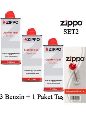 Zippo Çakmak İkmal Seti 3 Adet 125 ml Benzin ve 1 Paket Taş ile Uzun Süreli Kullanım İçin