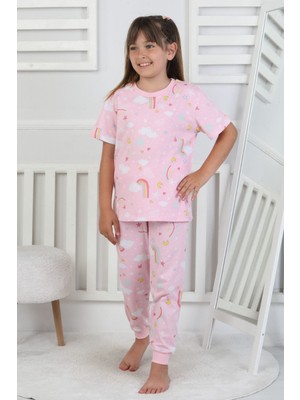 %100 Pamuk Gökkuşağı Desenli Kısa Kollu Manşetli Paça Kız Çocuk Pijama Takımı 3-8 Yaş
