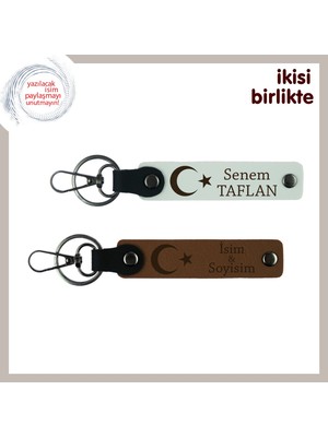 Kayınpedere Özel Hediye Ay Yıldız Temalı Isim & Soyisim Yazılı Ikili Anahtarlık Seti, Beyaz-Kahve