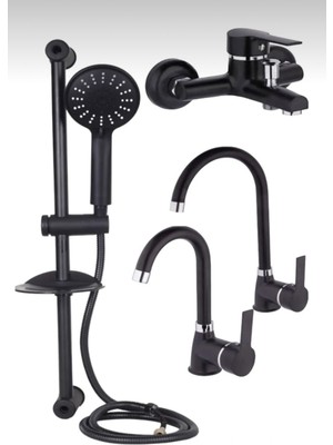 Kca Siyah Krom Sürgülü Duş, Mutfak, Banyo, Lavabo 4’lü Set