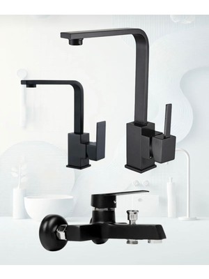 Lüx Siyah Kare Mutfak Eviye , Lavabo , Banyo Bataryası 3’lü Set