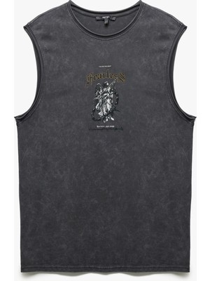 Koton Pamuklu Yıkamalı Bisiklet Yaka Baskılı Kolsuz Tişört