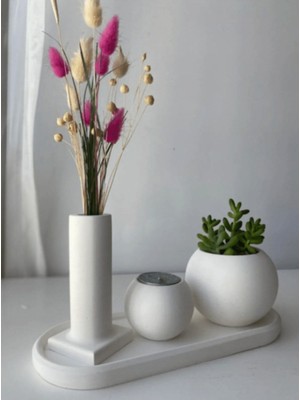 Beyaz Beton Dekoratif Saksı ve Mumluk Seti, Şık ve Hediye Alternatifi