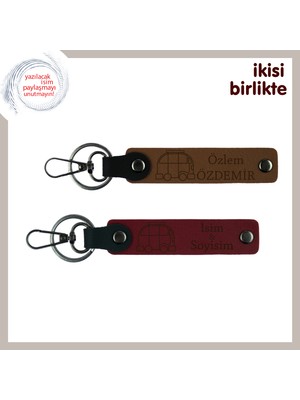 Miaju Kamp Tutkunlarına Şık Hediye, Karavan Temalı Deri Anahtarlık Seti, Isim Yazılı, Açık Kahve-Bordo