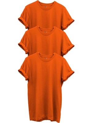 3'lü Turuncu %100 Pamuk Regular Fit Bisiklet Yaka Premium T-Shirt