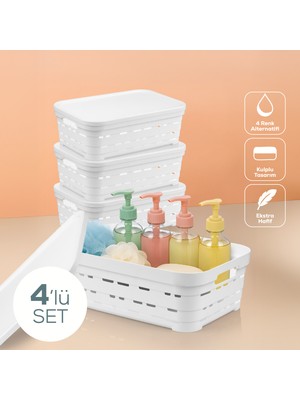4'lü Kapaklı 8,2 Litre Delikli Saklama Kutusu Beyaz