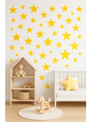 Wood 14 Dizayn ⭐ 50'li Yıldız Duvar Sticker Seti – Çocuk Odası Süslemesi (Sarı / Antrasitgri/ Pembe)