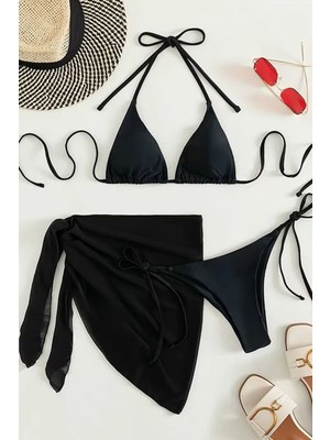 Angelsin 3 Parçalı Bikini Takım Seti Düz Siyah Tül Kumaşla Yaz Plaj Modası