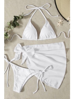 Angelsin Kadın 3 Parça Beyaz Bikini Takım Bağcık Detaylı Düz Desen Tül Kumaş