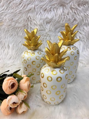 Şık 3’lü Dekoratif Ananas Seti, Altın ve Gri Tonlarda, Ev Dekorasyonuna Zarif Dokunuş