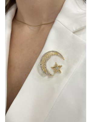 Modex Altın Rengi Ay Yıldız Broş (4 CM)