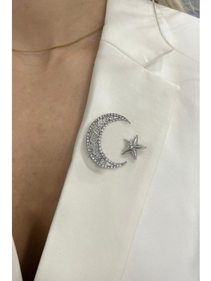 Modex Gümüş Rengi Ay Yıldız Broş (4 CM)