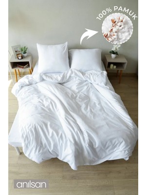 Anılsan Düz Beyaz Çift Kişilik Lastikli Çarşaf Düğmeli Nevresim Takım %100 Pamuk 2 Adet Yastık Kılıf, 83tel