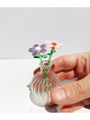 Renkli Minyatür Çiçek ve Mini Vazo Seti, Pembe ve Mor, Şık Dekorasyon Hediye