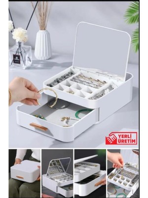 About The Perfect Aynalı Çekmeceli Takı Organizer, Yüzük, Küpe, Kolye ve Bilezik Saklama Kutusu