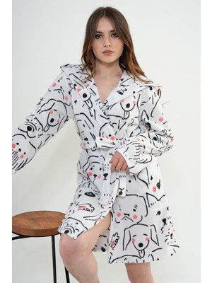 Kadın Kapüşonlu Kısa Beyaz Polar Sabahlık C1T3N0O302