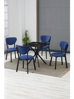 Elma Modeli Kare Mutfak Masa Sandalye Takımı 4 Sandalye 1 Siyah Mermer Desen Masa 70X70 Keten Kumaş