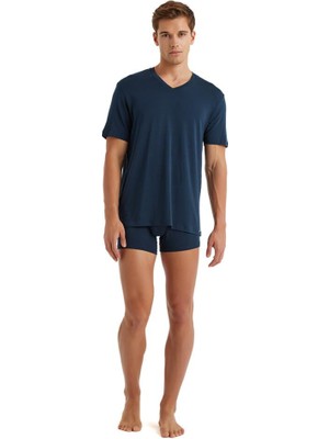 Silver V Yaka Kısa Kol Lacivert T-Shirt C8T0N3O9