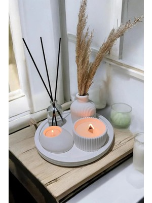Çizgili Vazo ve Vanilya Kokulu Ahşap Mum Seti, Tealight, Oda Kokusu, Beyaz