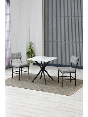 Dubai Modeli Kare Mutfak Masa Sandalye Takımı, 2 Sandalye 1 Sabit Beyaz Masa  70X70 Cm, Keten Kumaş
