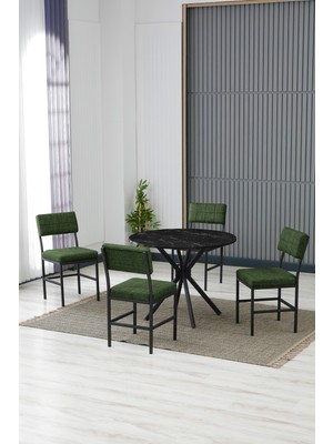 Dubai Modeli Yuvarlak Mutfak Masa Sandalye Takımı 4 Sandalye 1 Siyah Mermer Desen Masa 90X90 Keten Kumaş