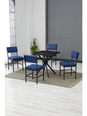 Dubai Modeli Kare Mutfak Masa Sandalye Takımı 4 Sandalye 1 Siyah Mermer Desen Masa 70X70 Keten Kumaş