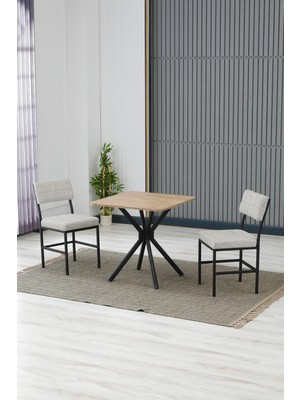 Dubai Modeli Kare Mutfak Masa Sandalye Takımı, 2 Sandalye 1 Sabit Ceviz Masa  70X70 Cm, Keten Kumaş