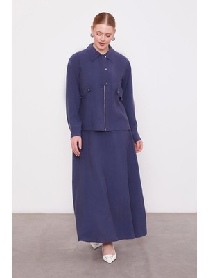 Lacivert Cep Detaylı Fermuarlı Etek Takım