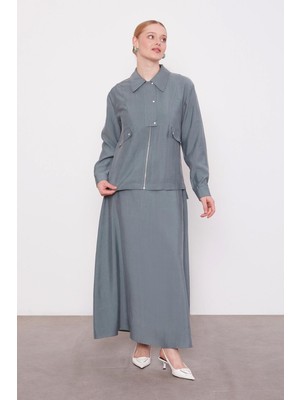 Yeşil Cep Detaylı Fermuarlı Etek Takım