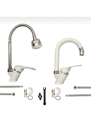 Kca Beyaz 2 Fonksiyonlu Mutfak Oynar Başlıklı Banyo Lavabo Bataryası Musluğu 2’li Set