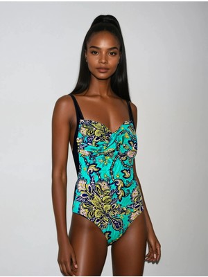 Kadın Siyah Turkuaz Desenli Mayo HZL25S-LC6279