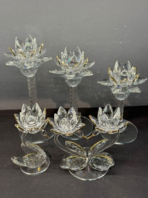 Şık Kristal Cam Beşli Lotus ve Kuğu Şamdan Seti, Parlak Gold Renkli Dekorasyon