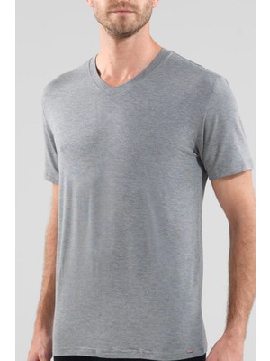 Silver V Yaka Kısa Kol Gri T-Shirt 9308