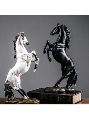 Şahlanan At Heykeli Çift Siyah ve Beyaz Dekoratif Figürler