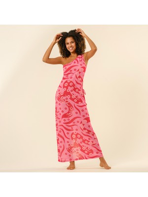 Protı Dijital Baskılı Asimetrik Elbise - Pembe