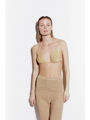Kadın Gold Simli Boyundan Ip Bağlamalı Üçgen Bikini Takımı HZL25S-LC5005
