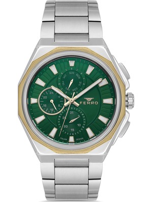 Ferro FM11590AWT-D6 Quartz Çelik Gri Yeşil Kadran 44 mm Erkek Kol Saati