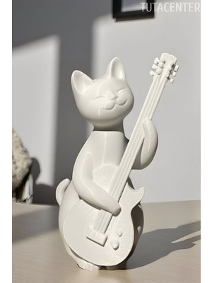 Beyaz Gitar Çalan Kedi Biblo, Zarif ve Eğlenceli Dekorasyon Parçası