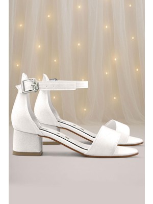 Lilo Simli Beyaz Tek Bantlı Kız Çocuk Topuklu Abiye Ayakkabı