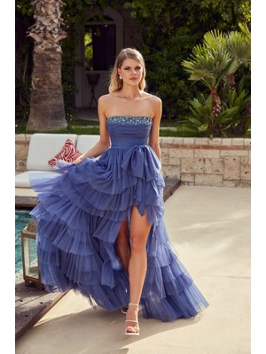 Ömür Inn Kadın Straplez Eteği Tül ve Katlı Derin Yırtmaçlı Abiye Elbise 0452 Kraliyet Mavisi