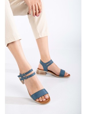 Kadın Hakiki Deri Bantlı Alçak Topuklu Sandalet - Kot Mavi