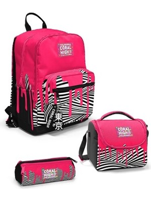 Coral High Pembe Beyaz Siyah Desenli Kız Çocuk Okul Çanta Seti