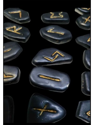 Seramik Rune Taş Seti, Siyah, Doğa ve Sihir Temalı, El Yapımı, Dekoratif Parçalar