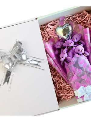 Premium Kelebek Desenli Yumoş Mor Peluş Ayıcık Buketi–kalp Balonlu