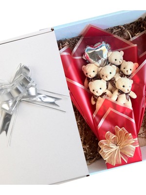 Premium 6’li Bej Peluş Ayıcık Buketi – Kalp Balonlu Arkadaşa, Eşe, Sevgiliye Hediye