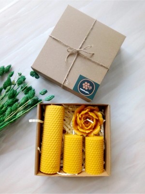 Doğal Balmumu Mum Seti, Sarı, 14-7 cm Boy, 4,5 cm Çap, Dökme Gül Desenli